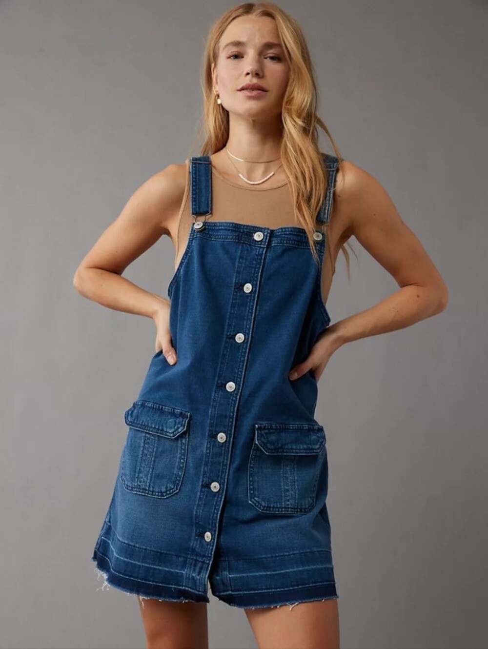 American Eagle Denim Button Front Pinafore Overall Dress Size Large
